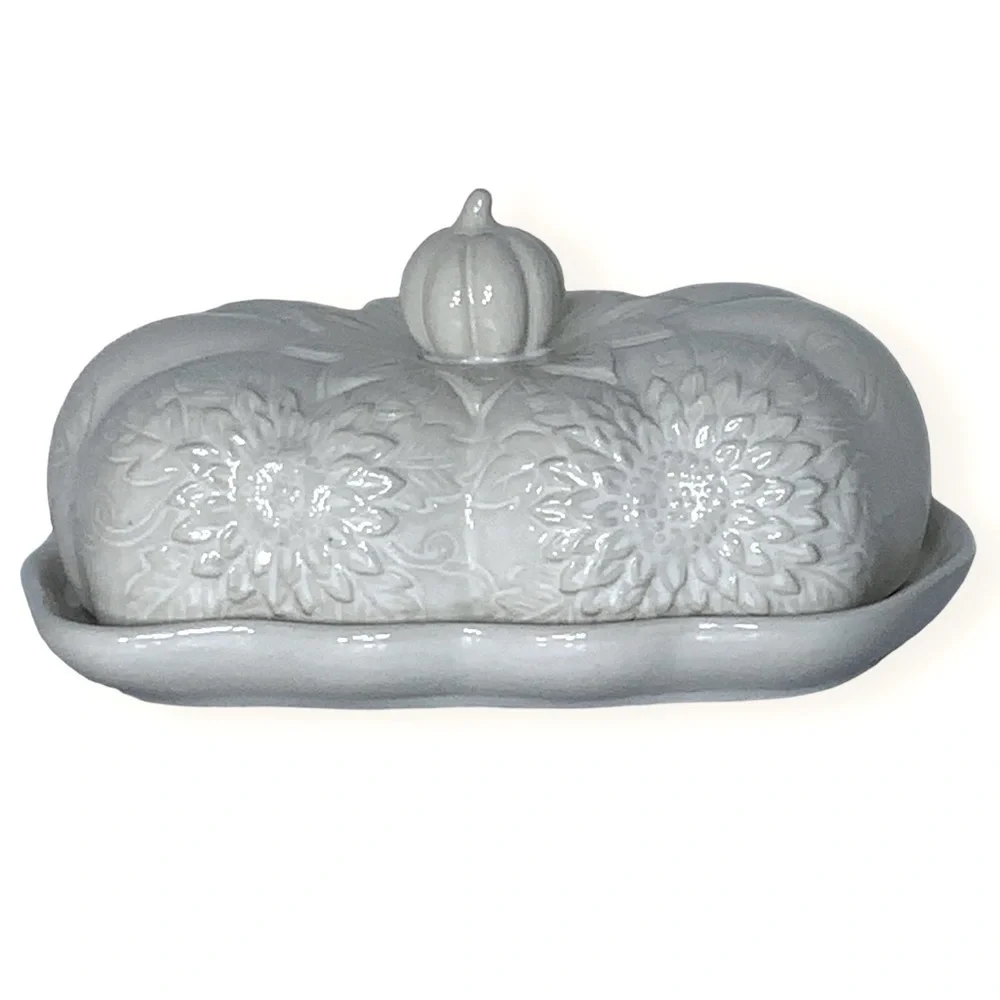 Harvest Covered Butter Dish With Lid Large Ceramic Sunflower Pumpkin White Cream